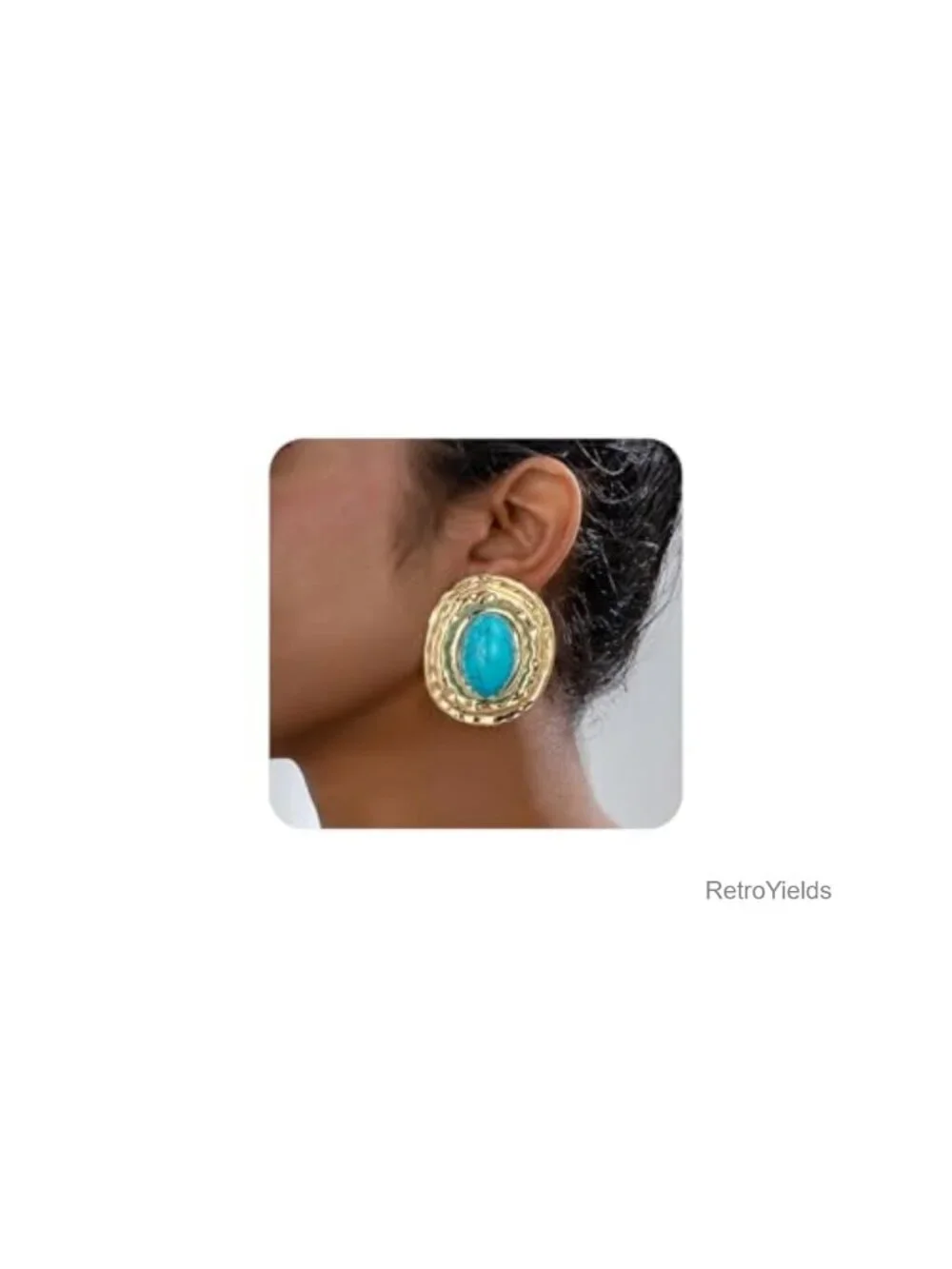 Chunky Gold Plated Turquoise Statement Earrings Oval Dangle Boho Western Jewelry